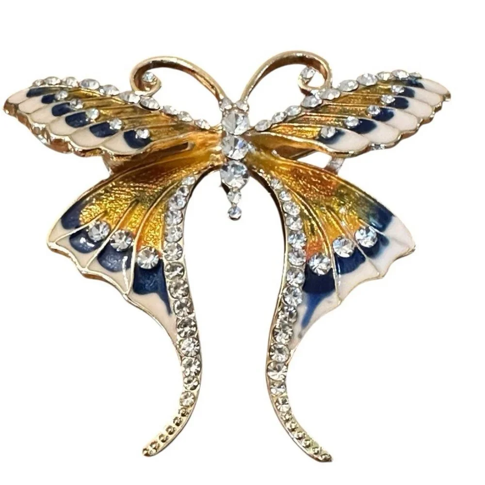 Elegant‎ Butterfly Brooch Pin Unbranded Yellow Blue Sparkle 2 in Gold Tone